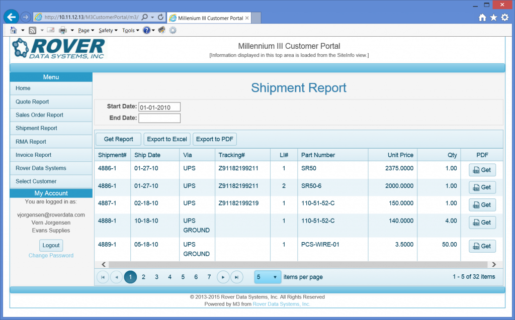 Rover ERP Customer Portal